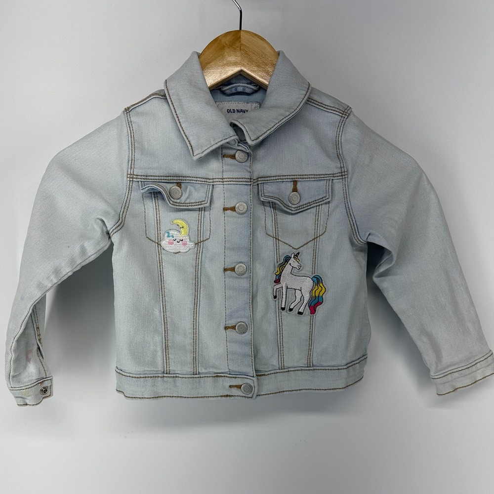Old Navy Denim Jacket Girls 4T Light Blue Unicorn Girl Gang Princess Patches SEO